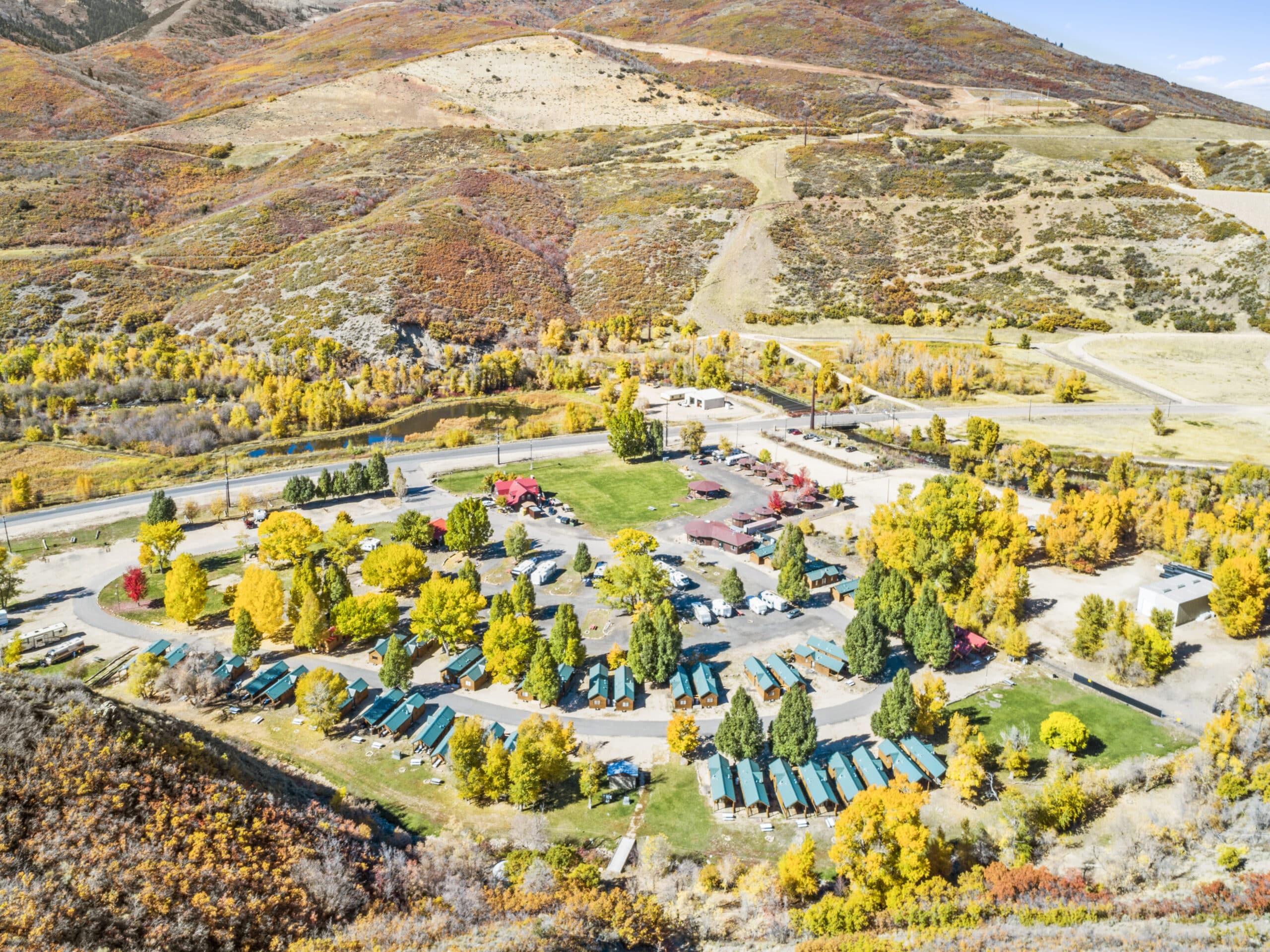 Aerial view of the Rivers Edge campground at Heber Valley, UT