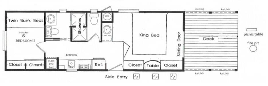 Layout for Two Bedroom, Two bath cabin with Galley Kitchen