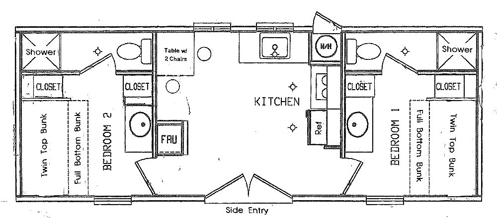 Layout for Two Bedroom, Two bath cabin with spacious kitchen